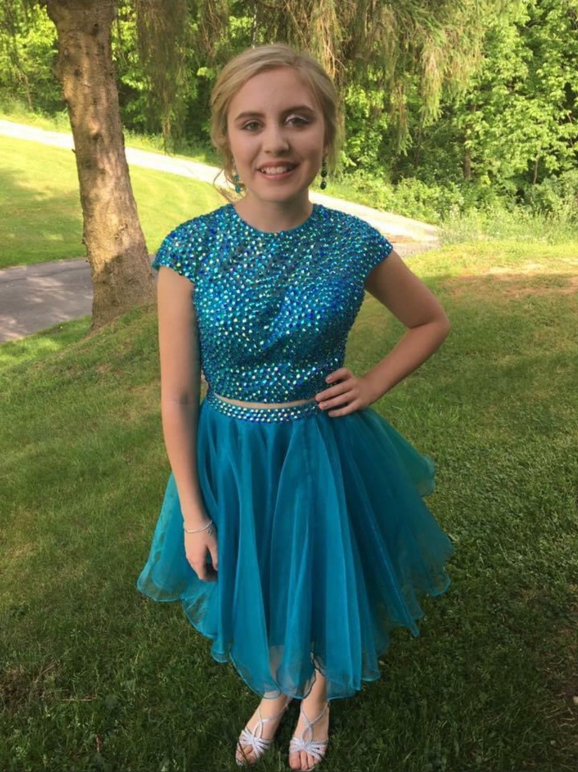 Sherri Hill Size 0 Prom Cap Sleeve Sequined Blue Cocktail Dress on Queenly