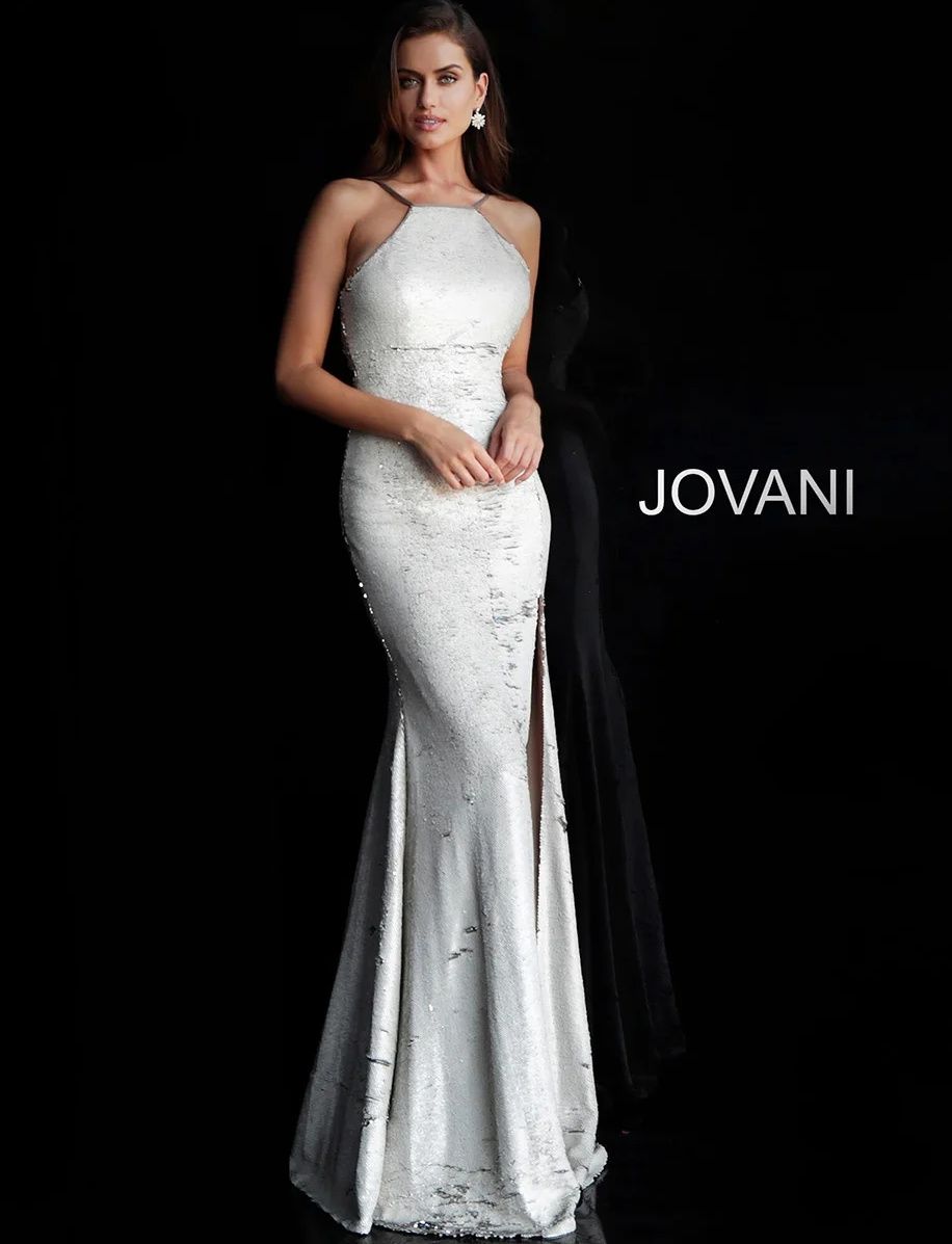 Style 63923 Jovani Size 8 Halter Silver Side Slit Dress on Queenly