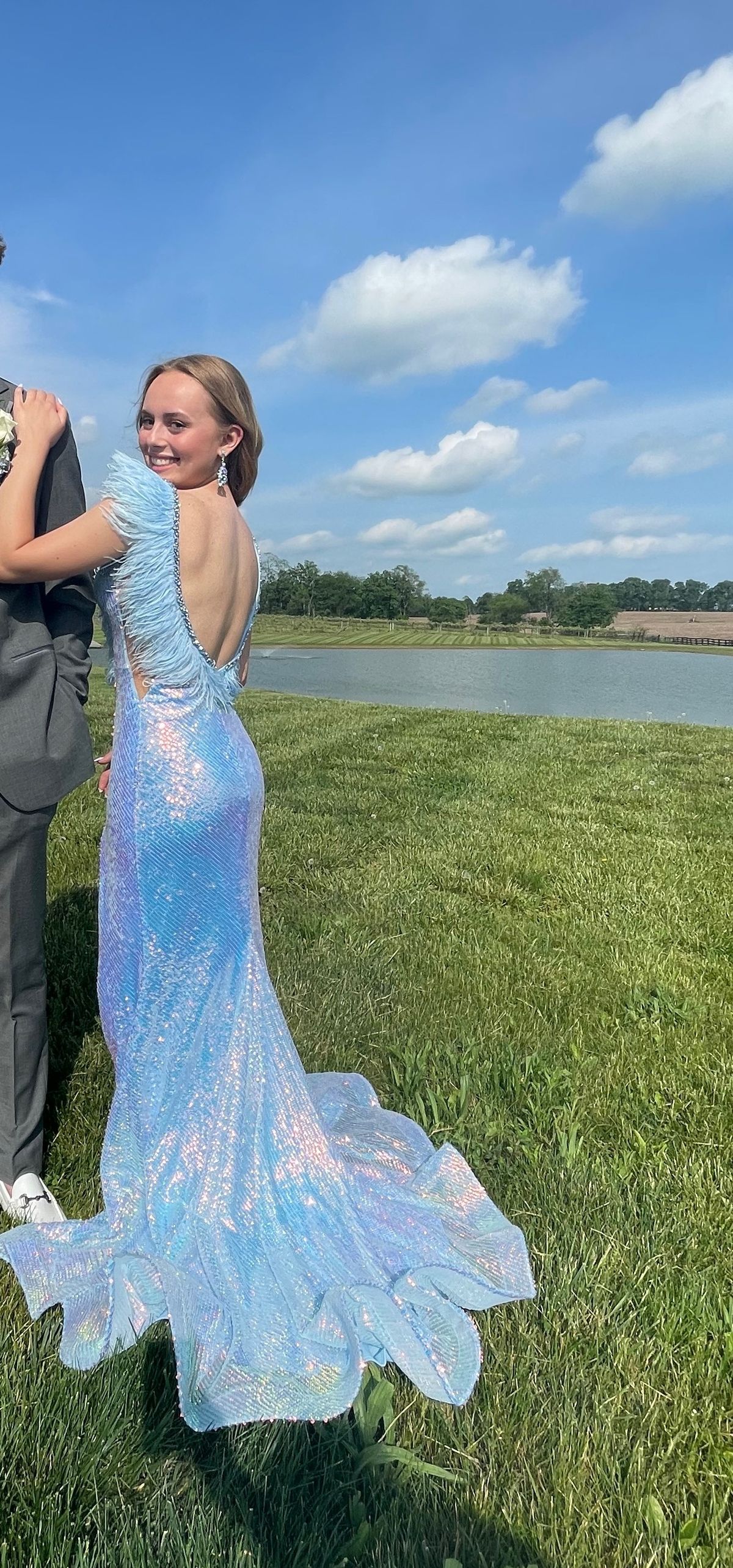 Style 38896 Ava Presley Size 0 Prom Plunge Blue Side Slit Dress on Queenly