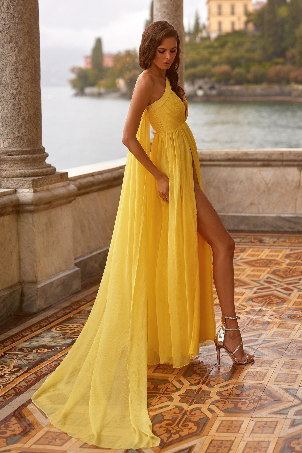 Style Marlene Alamour The Label Size XS Plunge Yellow Side Slit Dress on Queenly