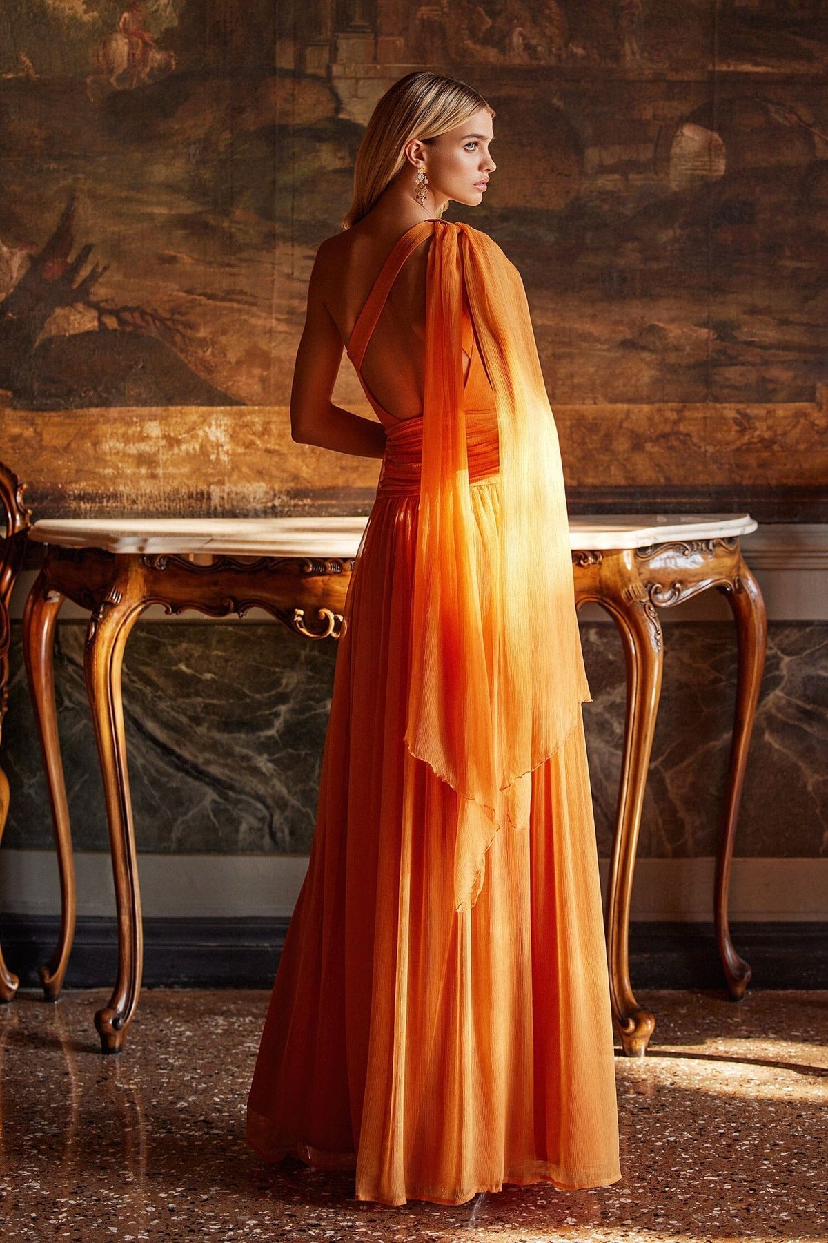 Style Sarelle Alamour The Label Size L Plunge Orange Side Slit Dress on Queenly