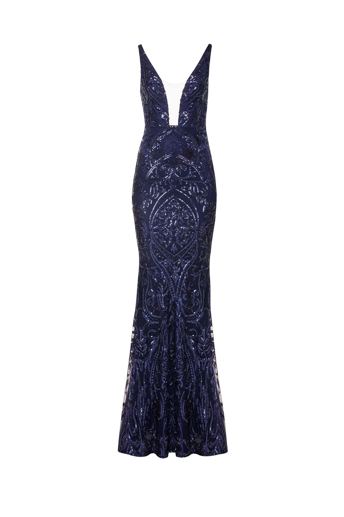 Style Salma Alamour The Label Size XS Prom Plunge Sheer Navy Blue Mermaid Dress on Queenly