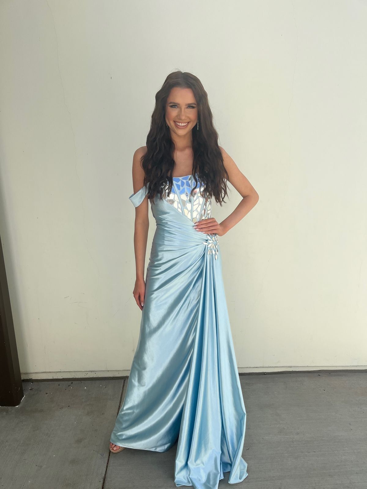 Style 55535 Sherri Hill Size 2 Off The Shoulder Blue A-line Dress on Queenly