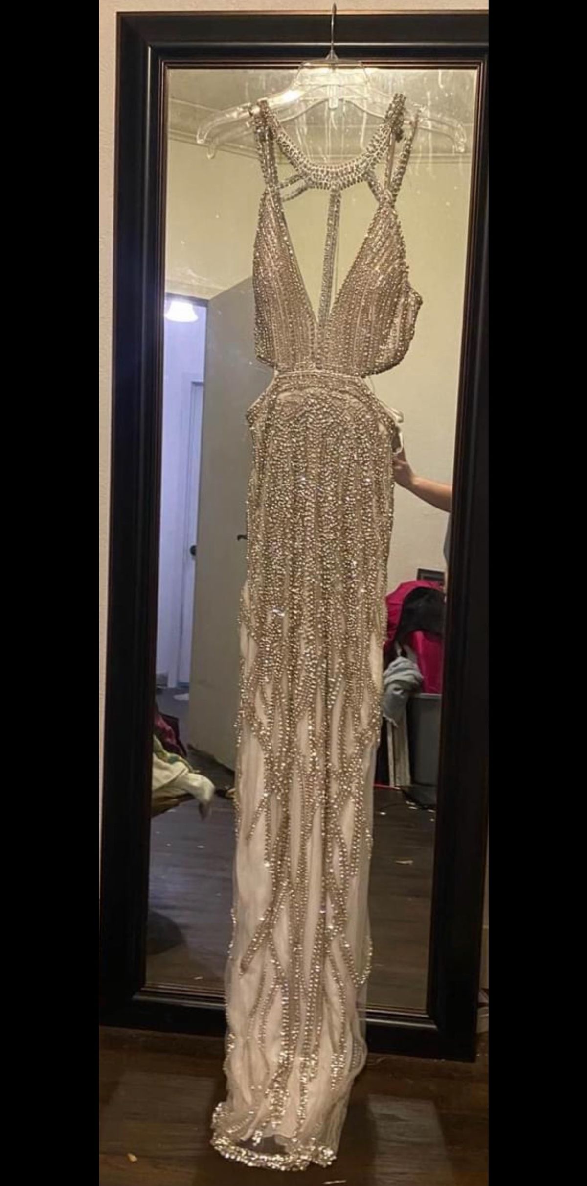 Size S Prom Plunge Sequined Nude Mermaid Dress on Queenly