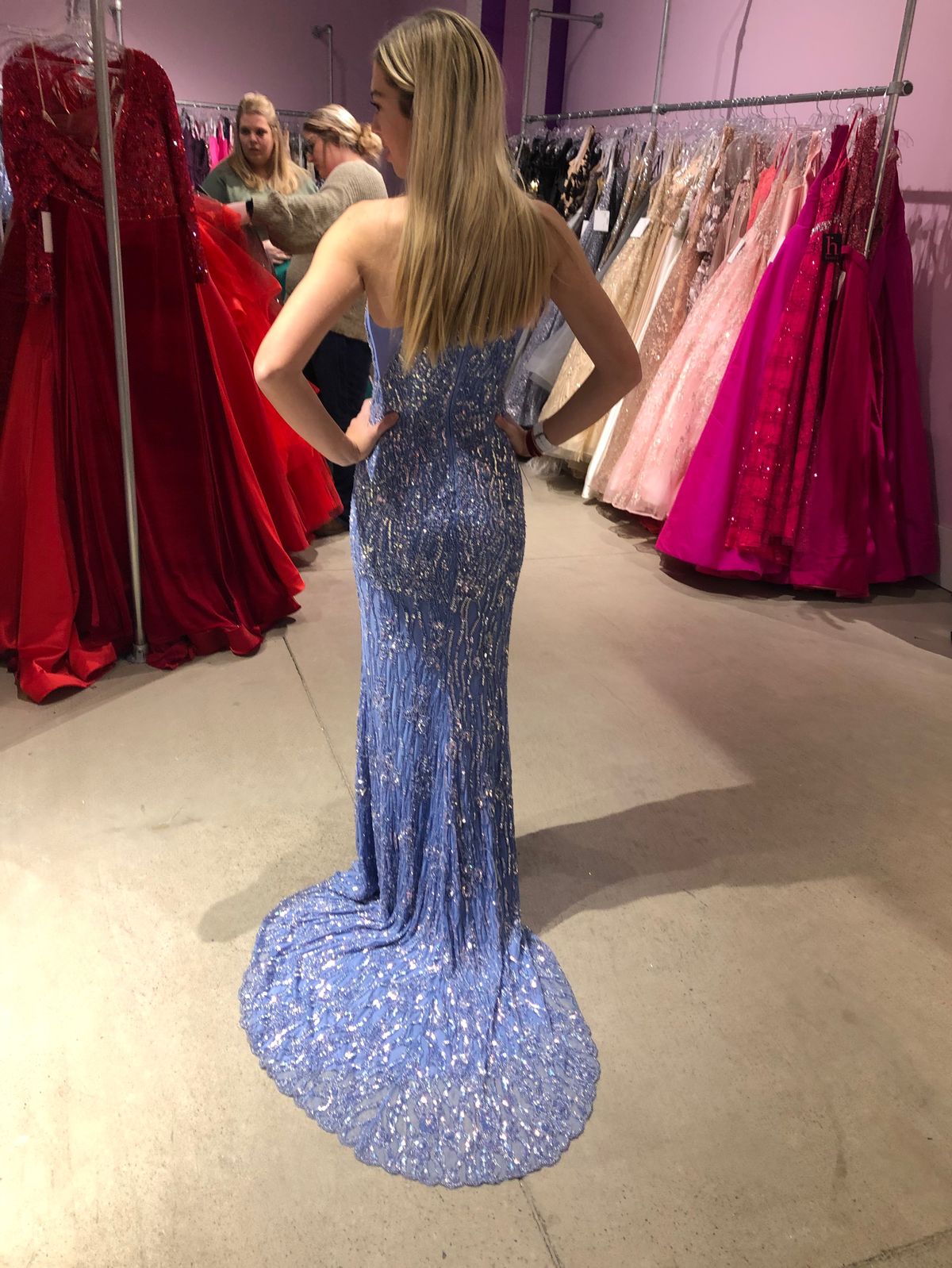 Style 53441 Sherri Hill Size 0 Prom High Neck Light Blue Side Slit Dress on Queenly