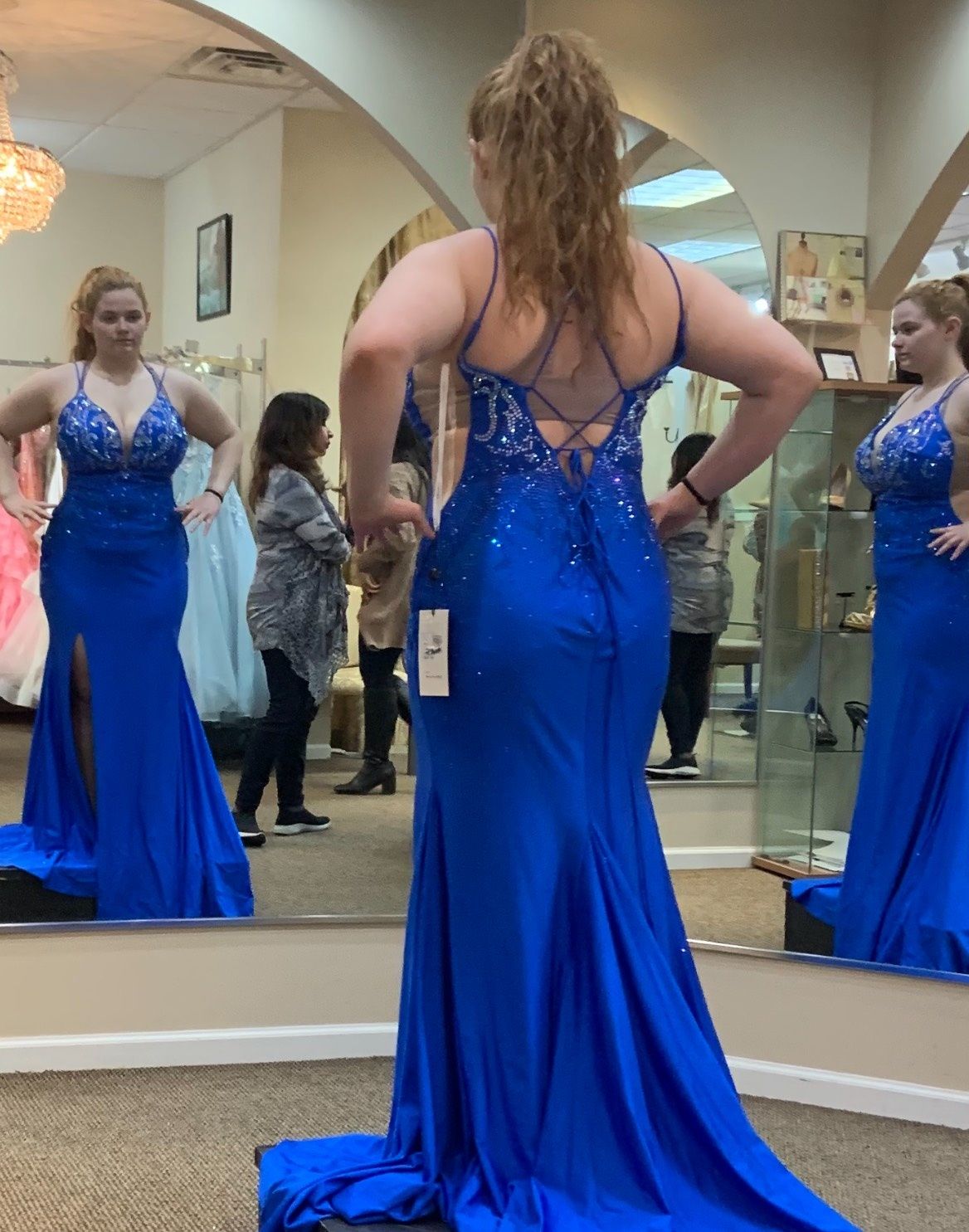 Style 20019 Amarra Plus Size 16 Prom Plunge Blue Side Slit Dress on Queenly