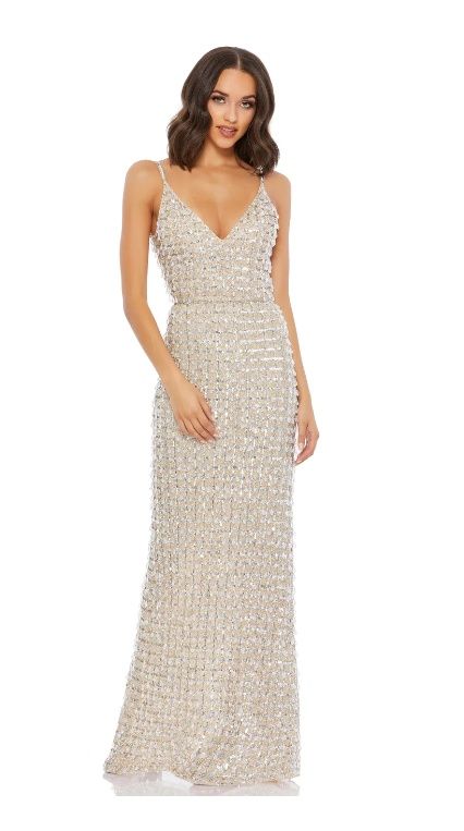 Style 5394 Mac Duggal GEOMETRIC EMBELLISHED CRYSTAL DROP V-NECK GOWN Size 6 Sequined Silver Floor Length Maxi on Queenly