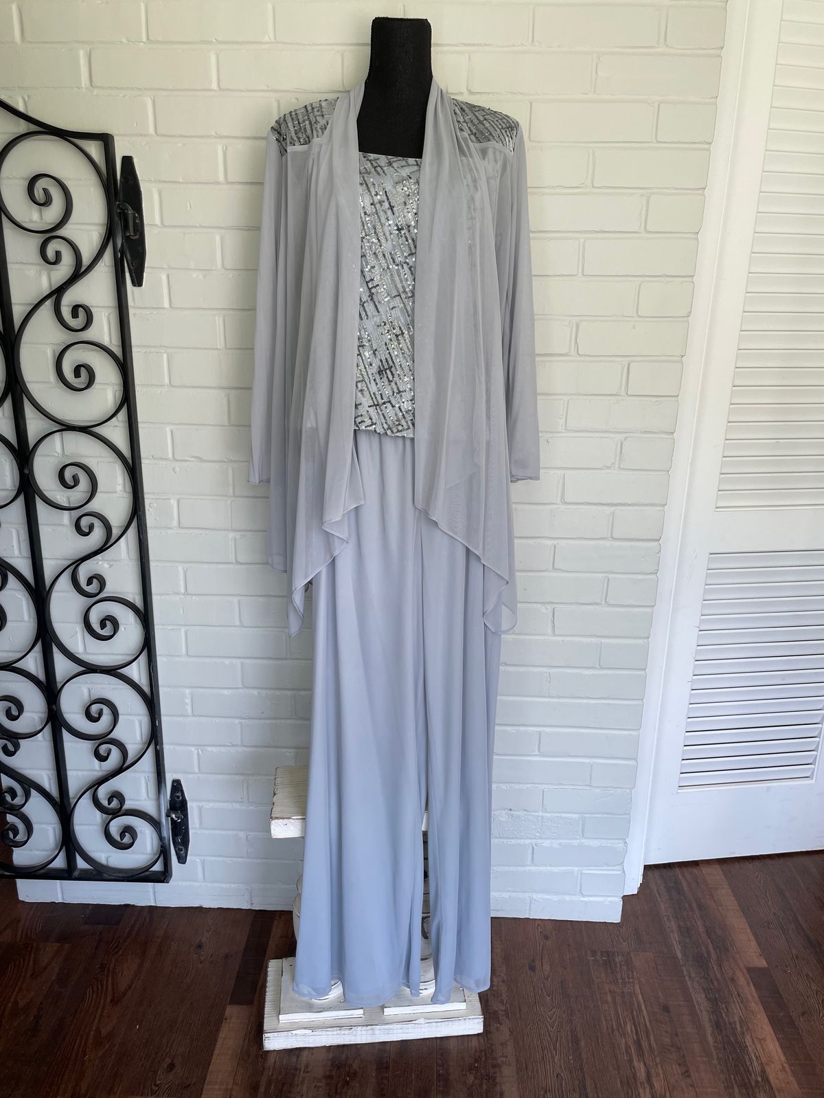 R and M Richards Size 8 Prom Blazer Silver Formal Jumpsuit on Queenly