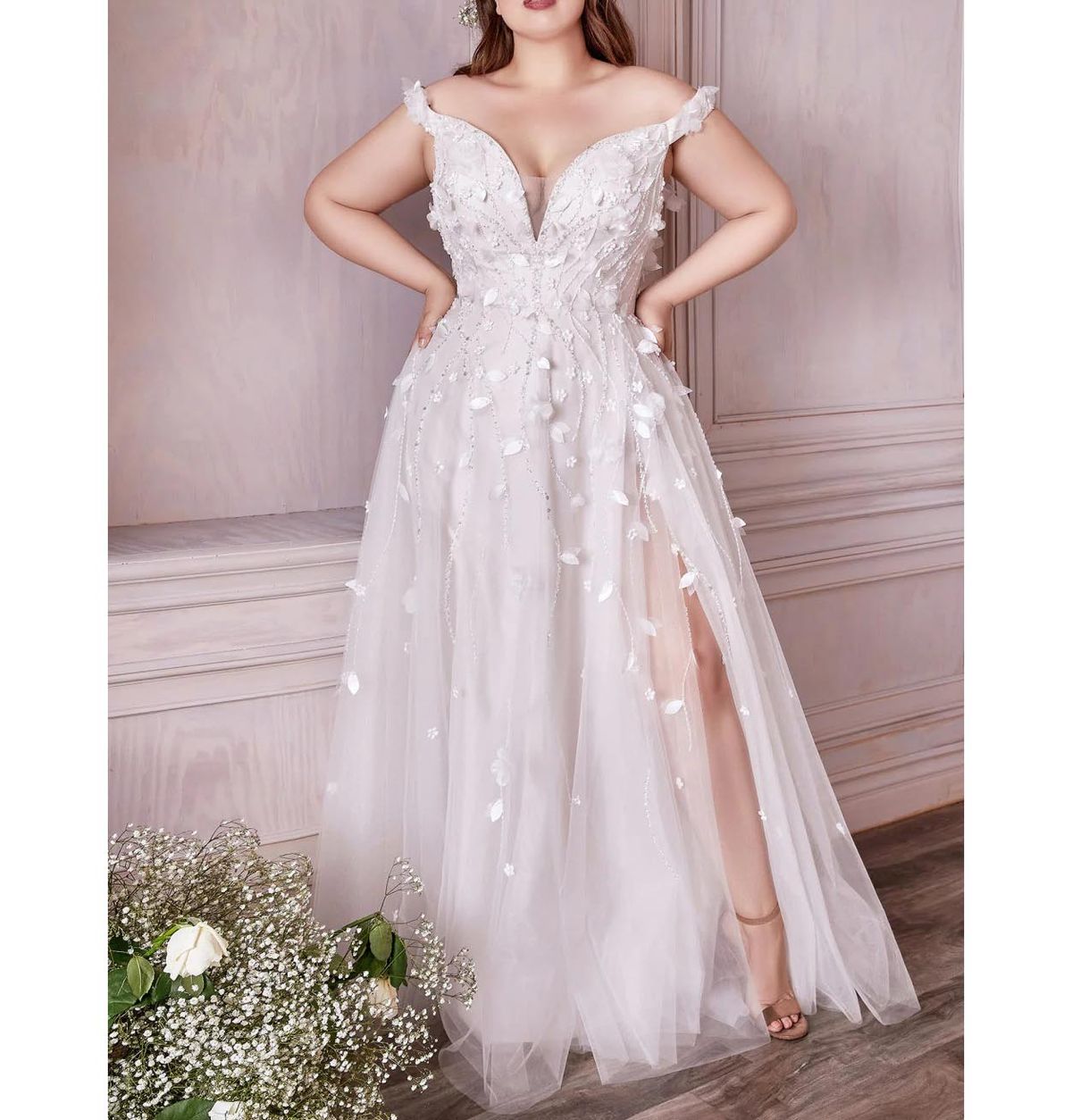 Style Off white Sweetheart Neckline Floral Sequined A-line Ball Gown Wedding Dress Andrea and Leo Plus Size 20 Wedding Off The Shoulder Floral White Ball Gown on Queenly