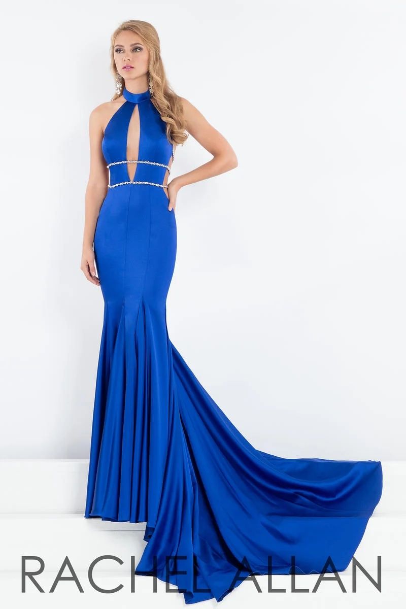 Style 5002 Rachel Allan Size 6 Plunge Blue Mermaid Dress on Queenly