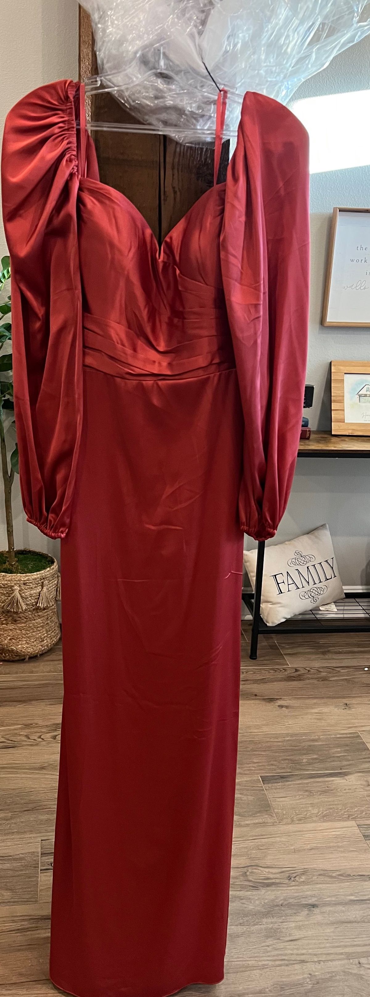 Size 4 Bridesmaid Long Sleeve Red Side Slit Dress on Queenly