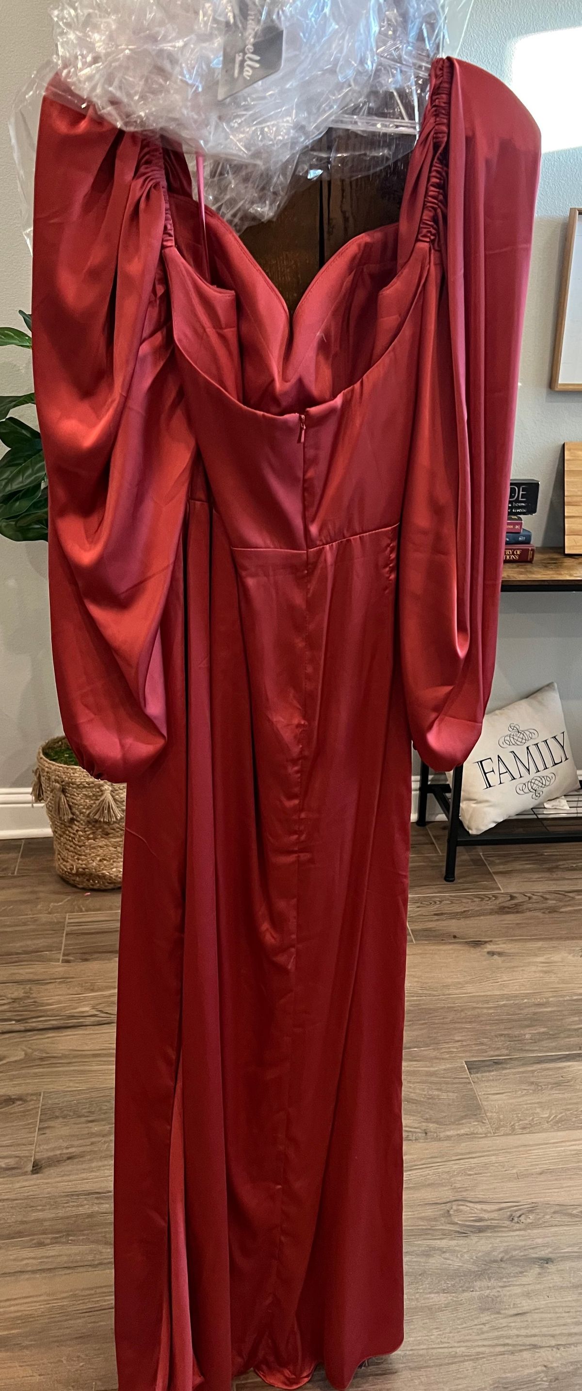Plus Size 16 Bridesmaid Long Sleeve Red Side Slit Dress on Queenly