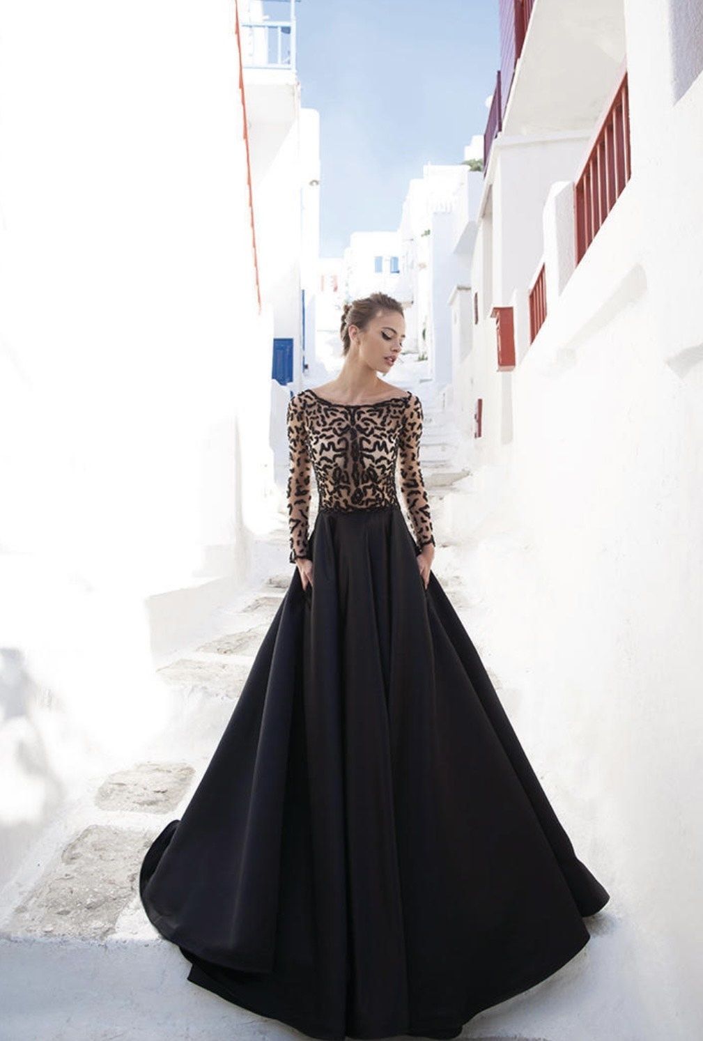 Long Sleeve V Neck Sequin Patchwork Chiffon Elegant Party Evening Dress -  The Little Connection