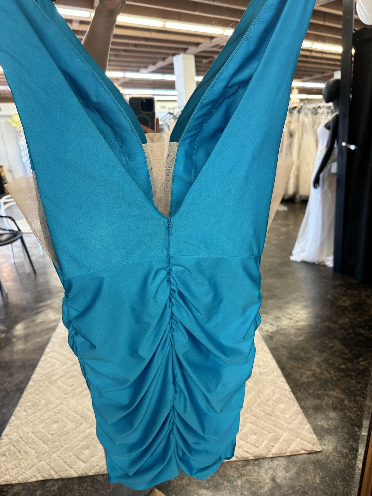 Style 53082 Sherri Hill Size 10 Plunge Turquoise Blue Cocktail Dress on Queenly