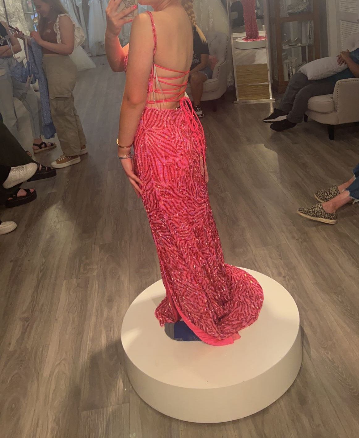 Style 70370 Rachel Allan Size 4 Prom Plunge Pink Side Slit Dress on Queenly