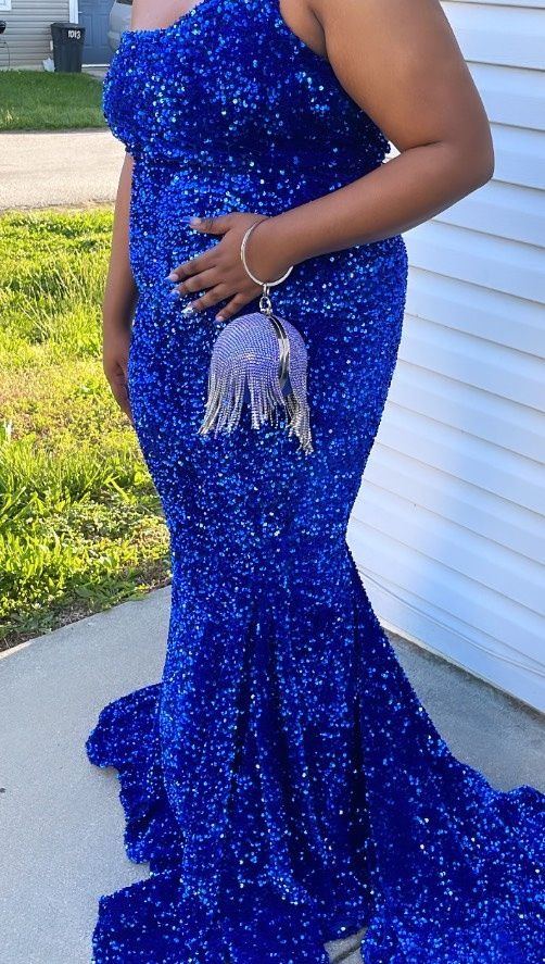 Size 2X Prom One Shoulder Royal Blue Mermaid Dress on Queenly