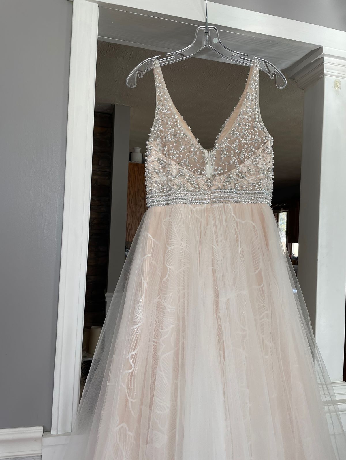 Style 16360 Tiffany Designs Size 6 Prom Plunge Nude Dress With Train on Queenly