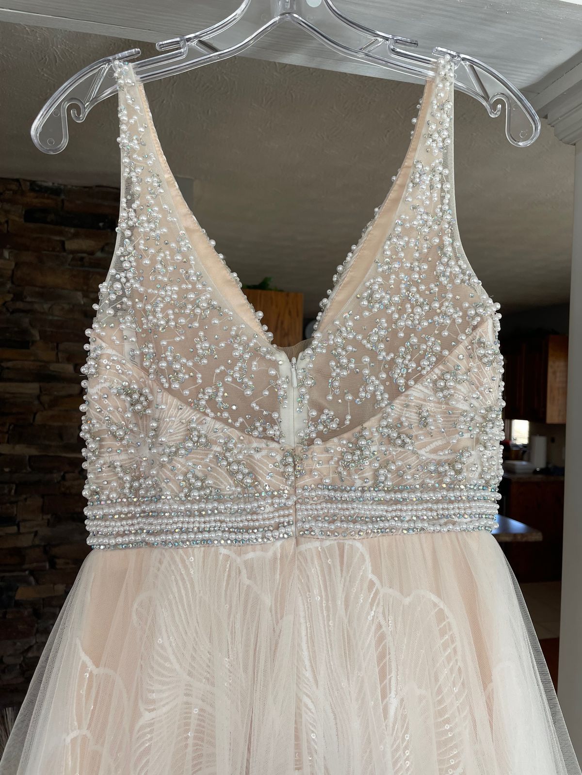 Style 16360 Tiffany Designs Size 6 Prom Plunge Nude Dress With Train on Queenly