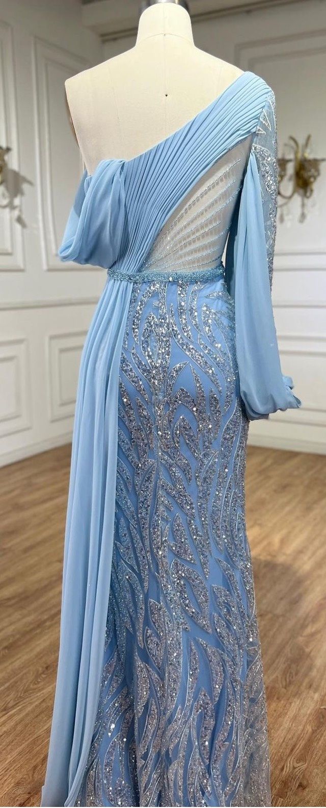 Size 8 Bridesmaid Long Sleeve Sequined Light Blue A-line Dress on Queenly