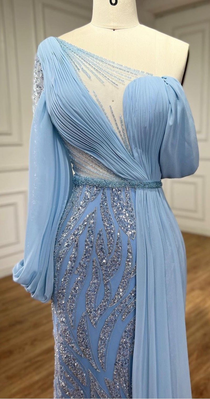 Size 8 Bridesmaid Long Sleeve Sequined Light Blue A-line Dress on Queenly