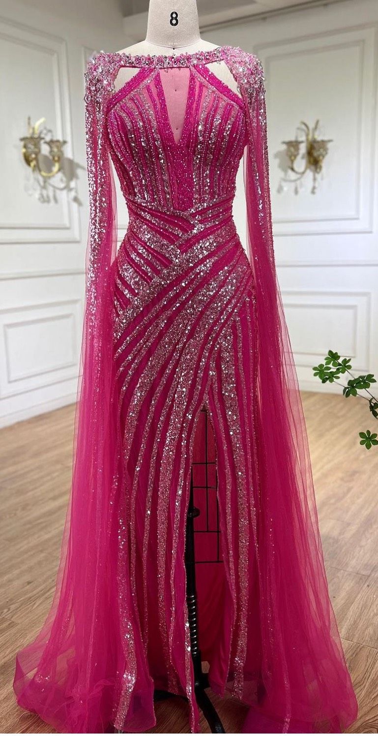 Size 8 Prom Long Sleeve Sequined Hot Pink Side Slit Dress on Queenly