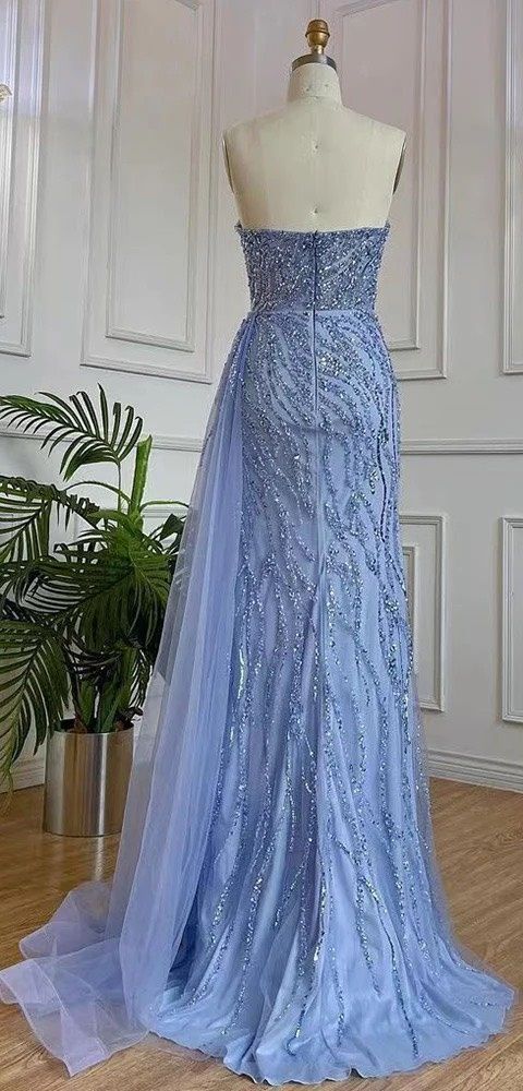 Size 8 Prom Strapless Sequined Light Blue Side Slit Dress on Queenly