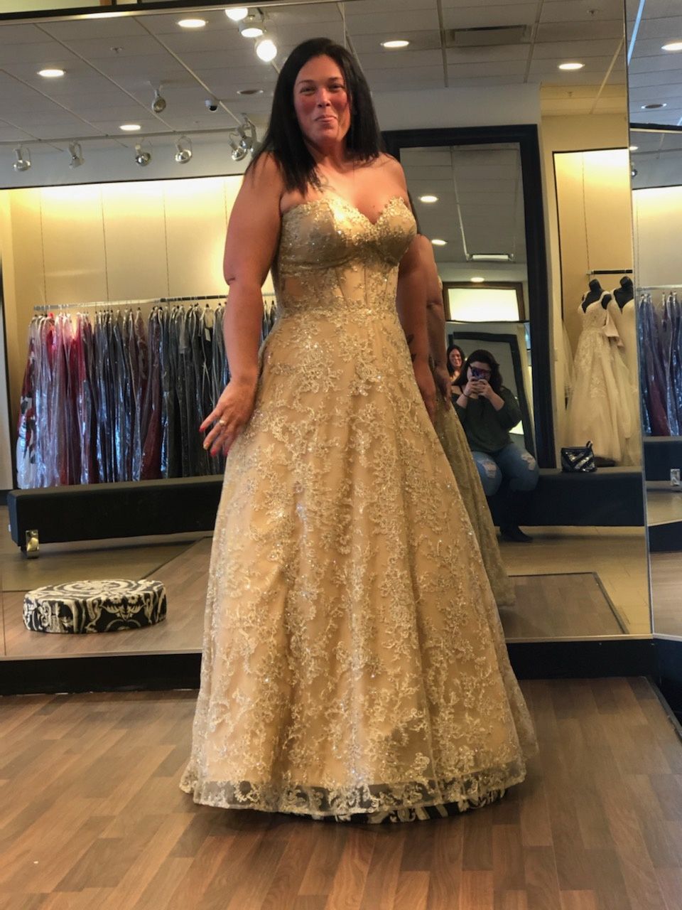 Size 14 Prom Strapless Sheer Gold Ball Gown on Queenly