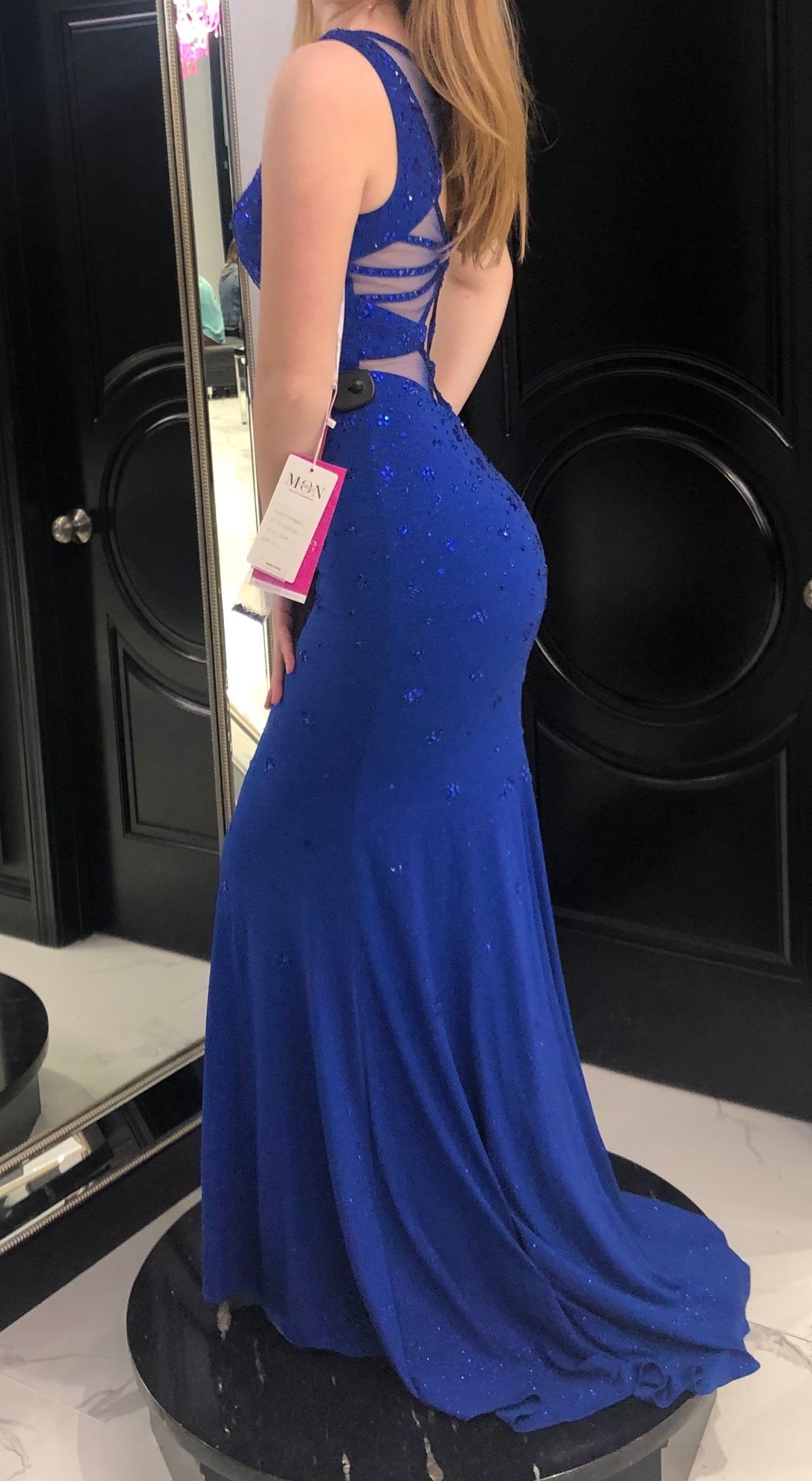 Mon Cheri Size 4 Prom Plunge Sequined Royal Blue Mermaid Dress on Queenly