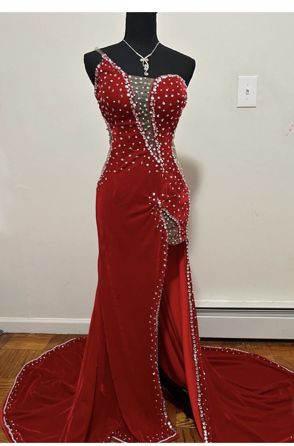 Jovani Size 2 Prom Strapless Sequined Red Side Slit Dress on Queenly