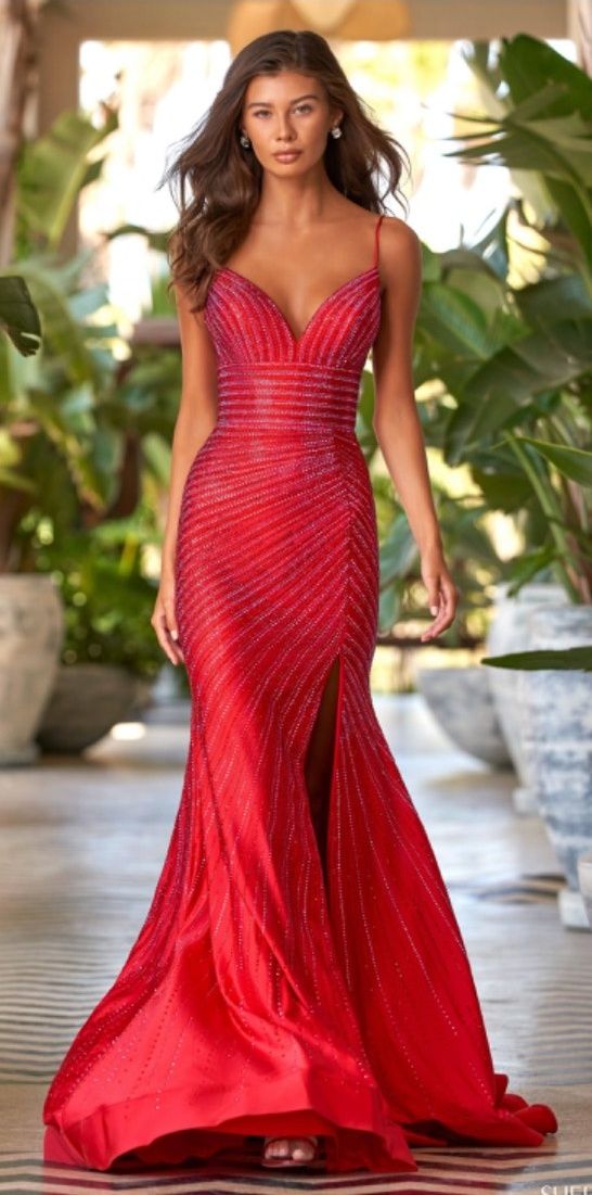 Style 54174 Sherri Hill Size 00 Prom Plunge Sequined Red Side Slit Dress on Queenly