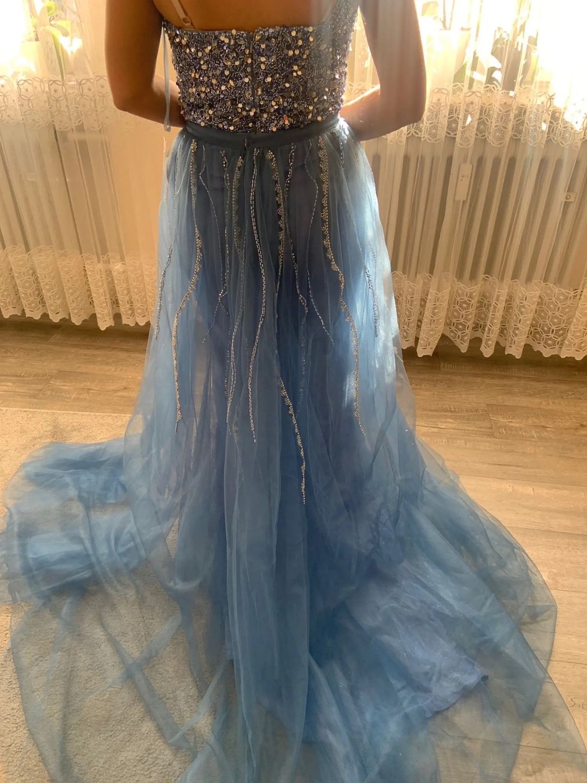 Size 8 Prom One Shoulder Sequined Light Blue Side Slit Dress on Queenly