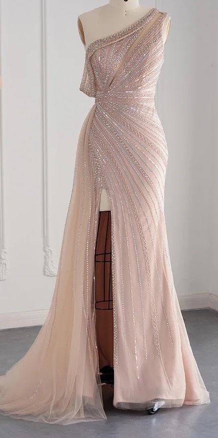 Size 6 Prom One Shoulder Sequined Light Pink Side Slit Dress on Queenly