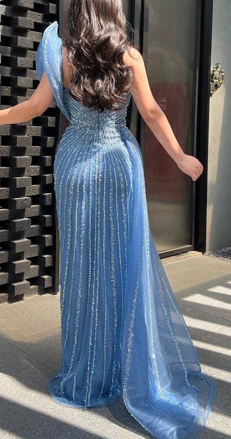 Size 6 Prom One Shoulder Sequined Light Blue Side Slit Dress on Queenly