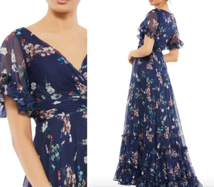 Mac Duggal Size 14 Wedding Guest Cap Sleeve Floral Navy Blue A-line Dress on Queenly
