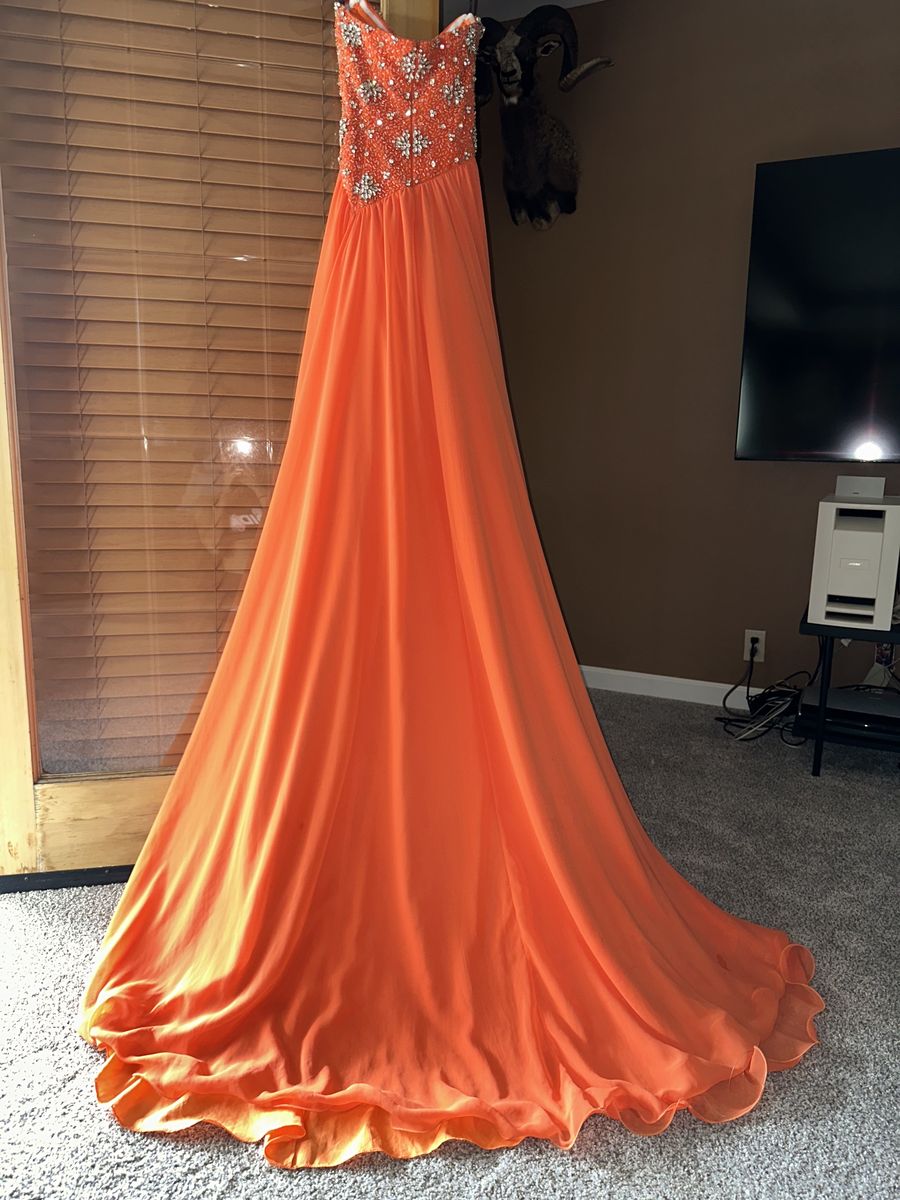Size 0 Prom Strapless Sequined Orange Dress With Train on Queenly