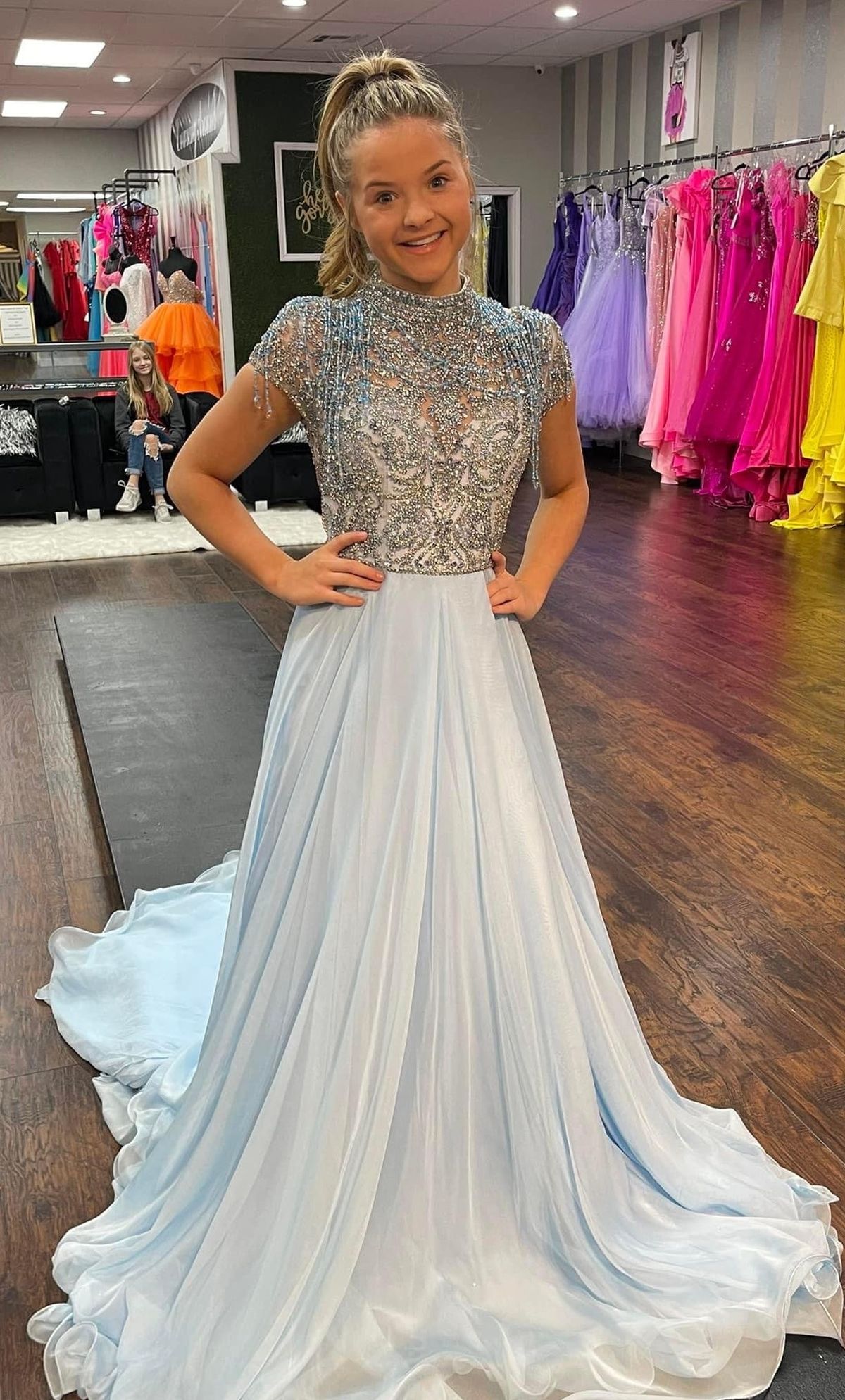 Style Custom couture  Rachel Allan Size 2 Pageant High Neck Light Blue Ball Gown on Queenly