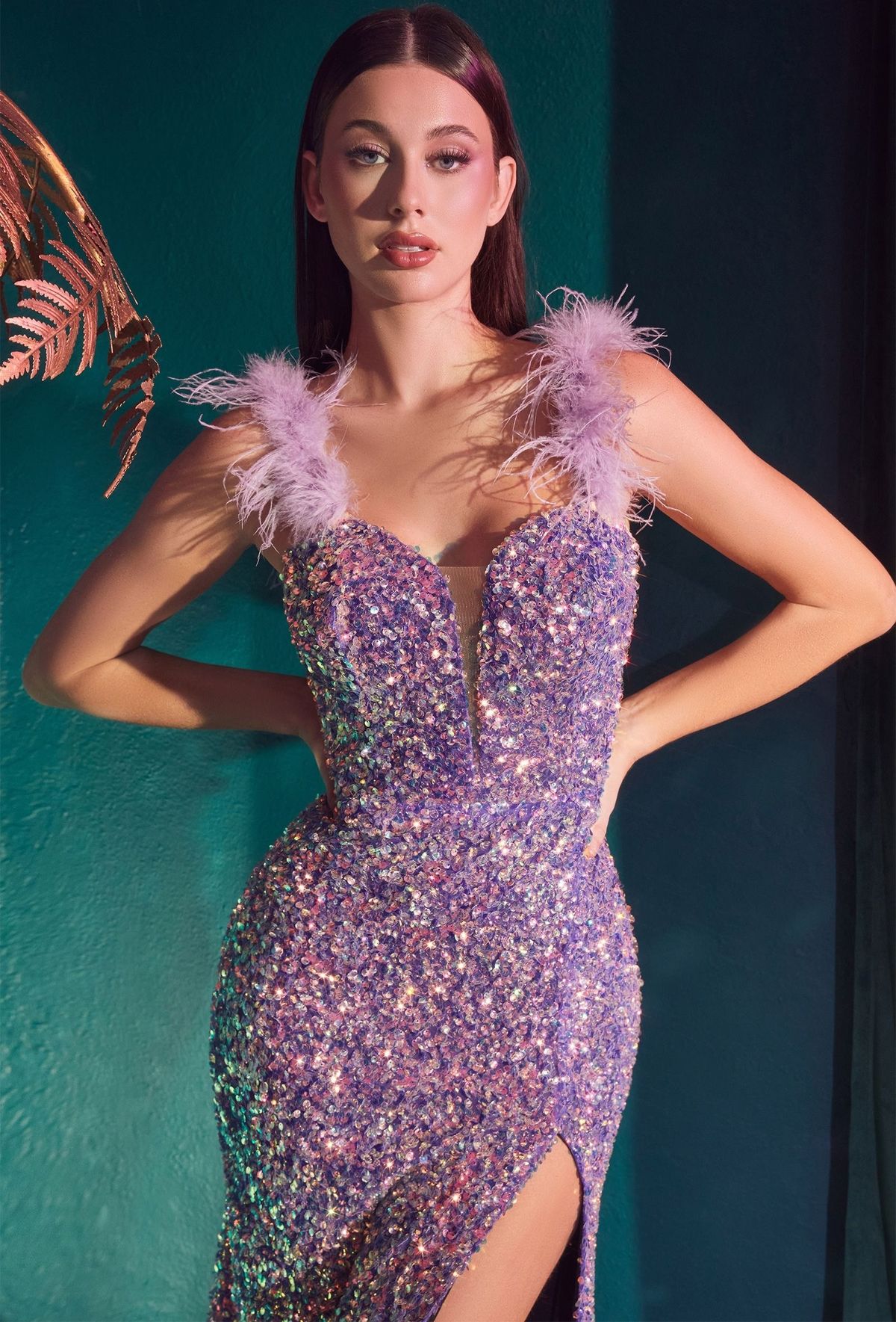 Style CD248 Cinderella Divine Size 4 Plunge Purple Side Slit Dress on Queenly