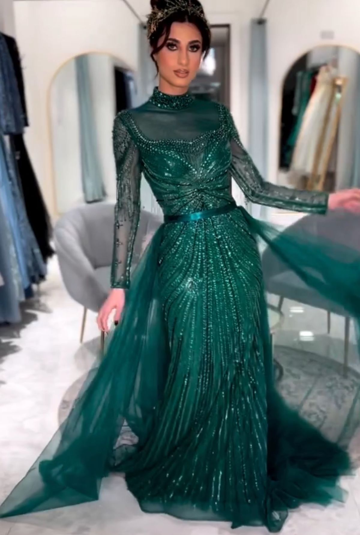 Long Sleeve Split Hunter Green A-line Prom Dress - Xdressy