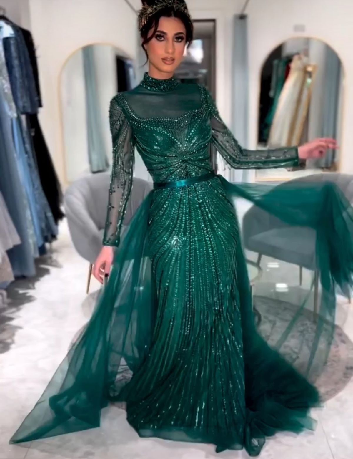Green Sequin Jewel Mermaid Long Sleeve Evening Dress with Detached Train  ED31557 | Ball gowns, Long sleeve evening dresses, Evening dresses