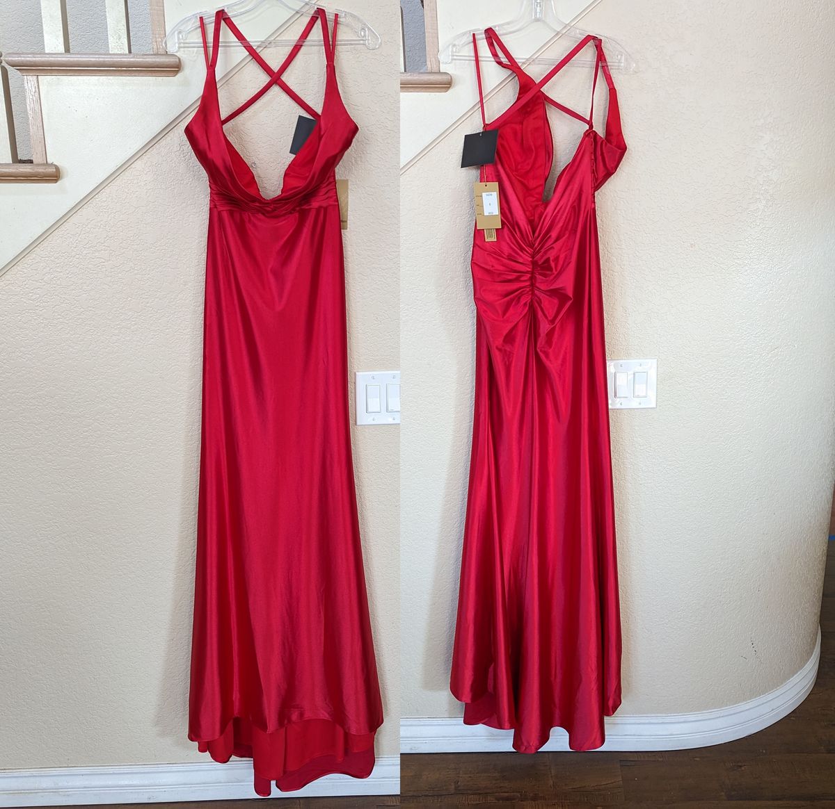 Style Red Deep V-Neck Sleeveless Open Back Satin Mermaid Formal Dress Amelia  Size 4 Red Mermaid Dress on Queenly