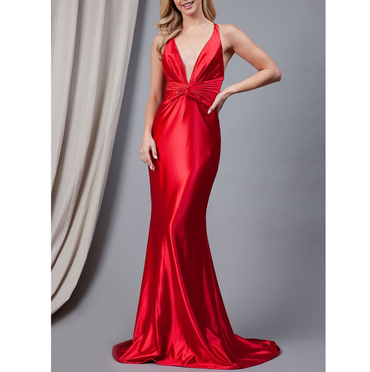 Style Red Deep V-Neck Sleeveless Open Back Satin Mermaid Formal Dress Amelia  Size 4 Red Mermaid Dress on Queenly