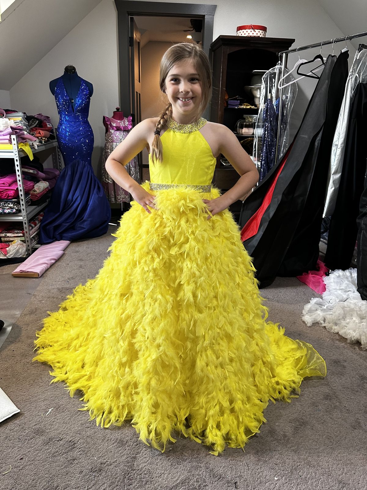 One More Couture Girls Size 8 Pageant High Neck Yellow Ball Gown on Queenly