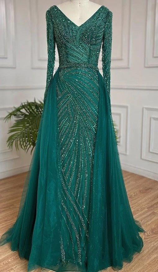Primavera Couture 3051 size 4 Forest Green Sheer Beaded Long Sleeve Dr –  Glass Slipper Formals