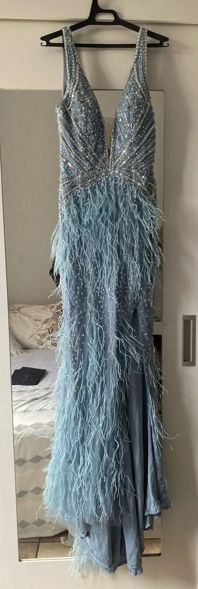 Size 6 Long Sleeve Blue Side Slit Dress on Queenly