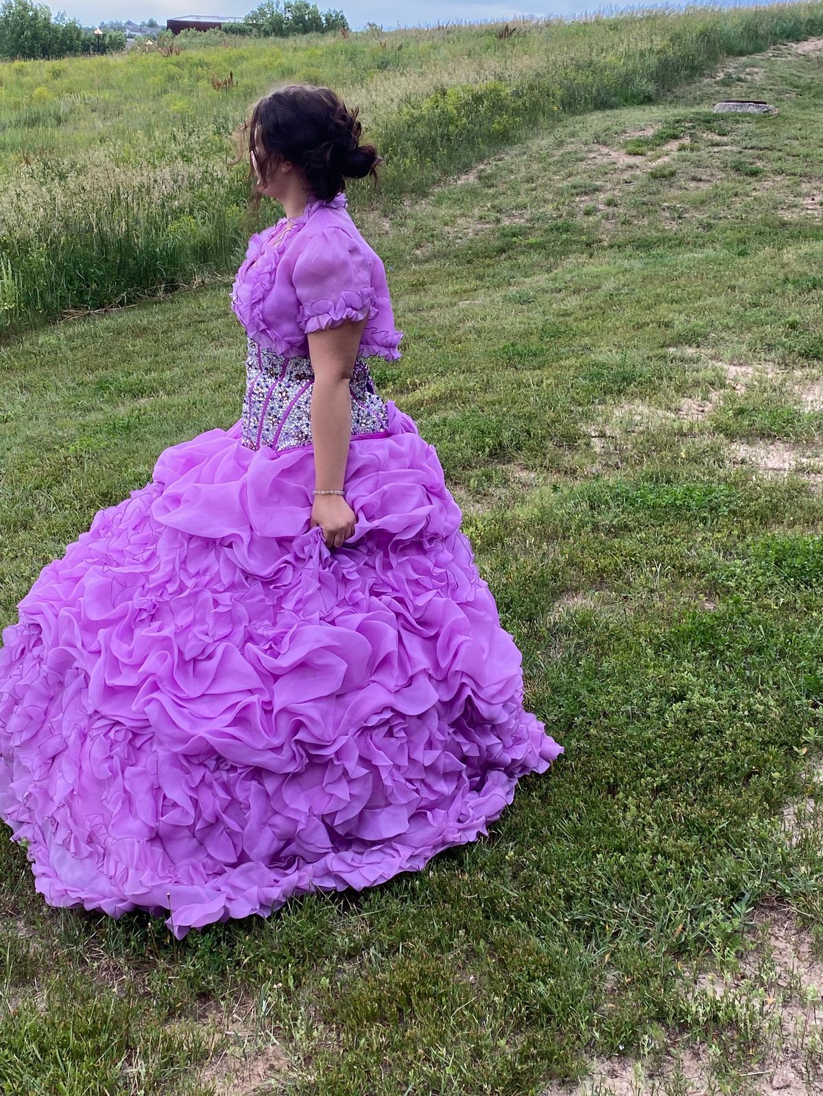 Size 14 Strapless Purple Ball Gown on Queenly