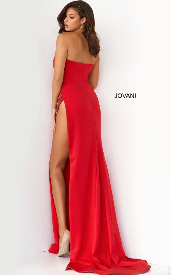 Style 07138 Jovani Size 4 Prom Strapless Red Side Slit Dress on Queenly