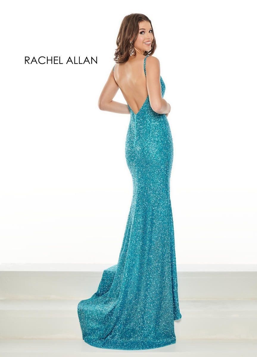 Style 5101 Rachel Allan Size 4 Pageant Plunge Blue Side Slit Dress on Queenly