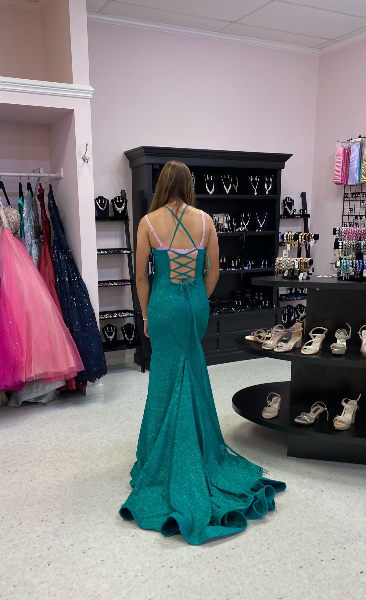 Jovani Size 6 Prom High Neck Green Mermaid Dress on Queenly