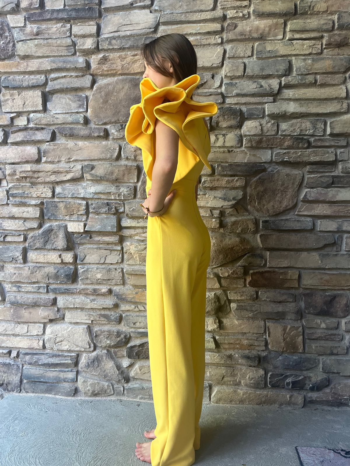 Girls Size 12 Pageant One Shoulder Yellow Formal Jumpsuit on Queenly