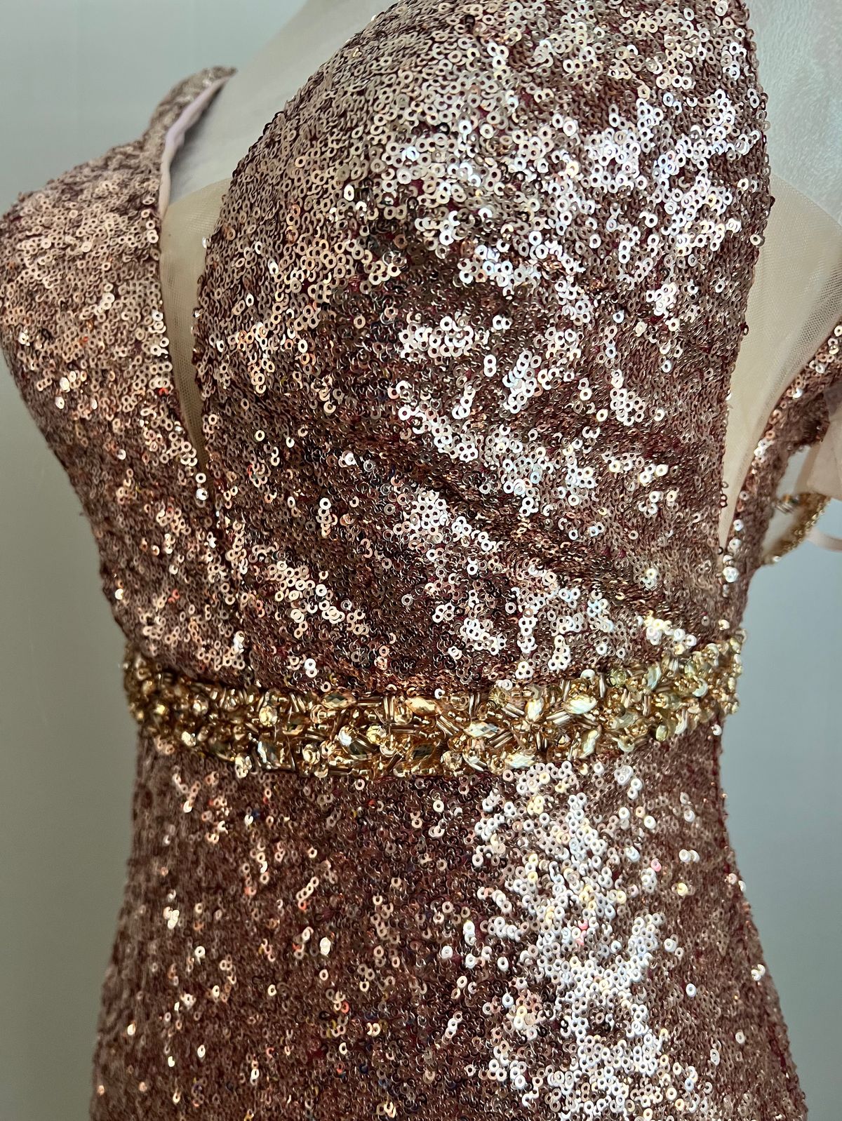 Bicici & Coty Size XS Prom Plunge Sheer Rose Gold Mermaid Dress on Queenly